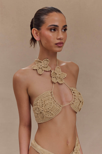ROF Nehir Çiçekli Tığ Bikini Üstü - Altın