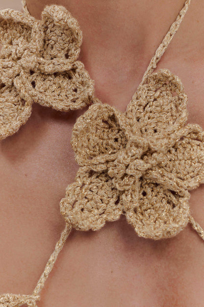 ROF Nehir Çiçekli Tığ Bikini Üstü - Altın
