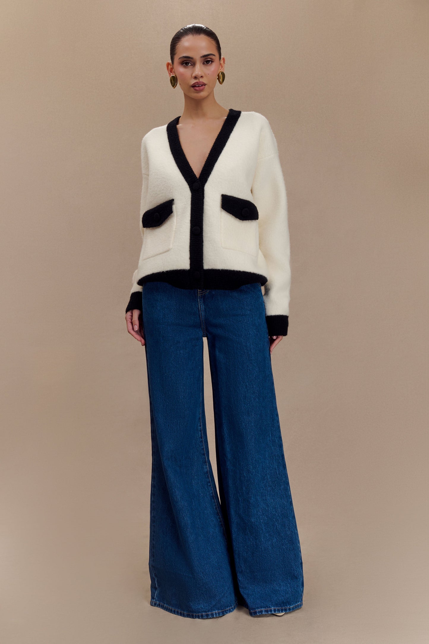 ROF Evangeline Oversize Triko Hırka - Siyah/Beyaz