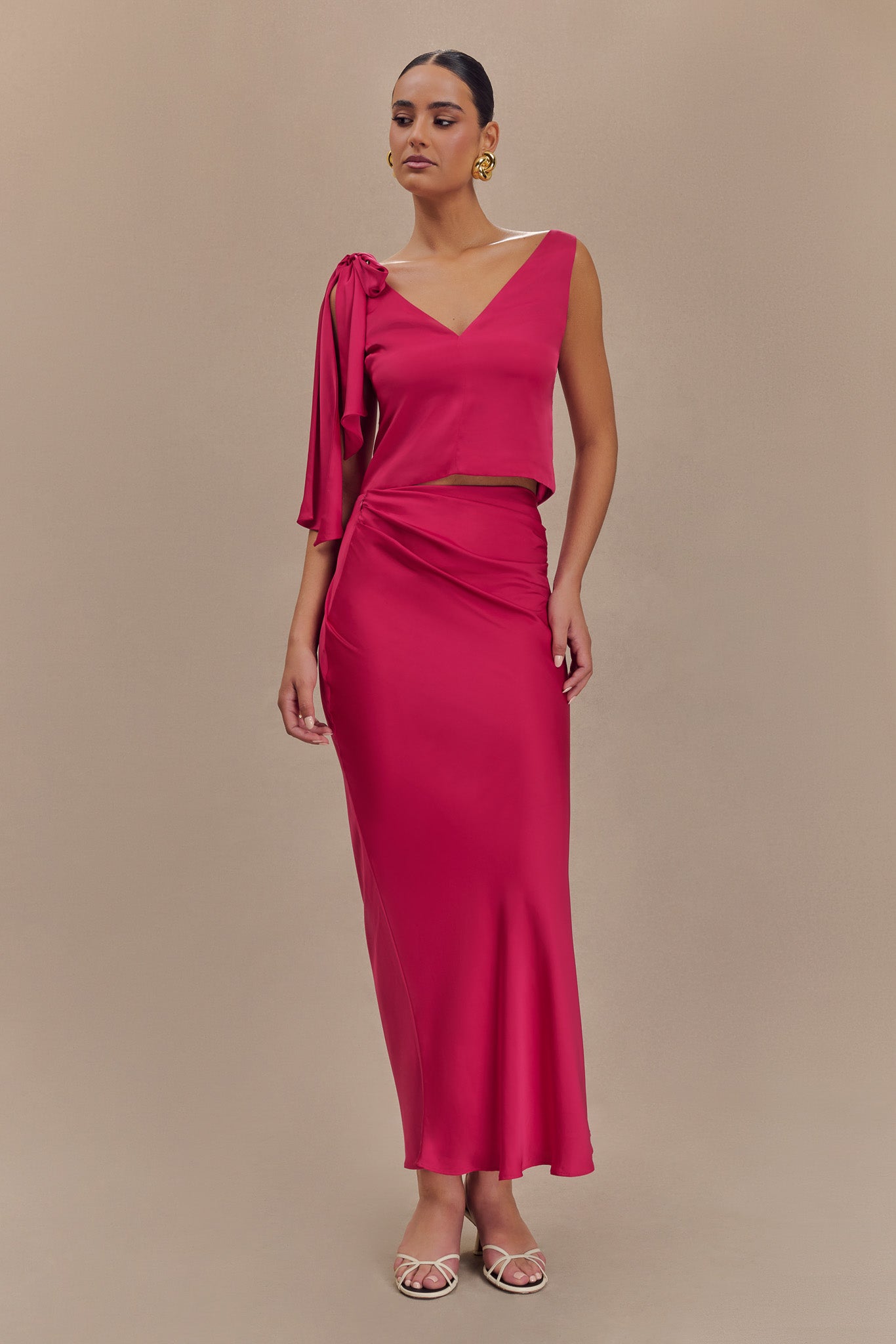 ROF Nicola Saten Asimetrik Maxi Etek - Pembe Kiraz