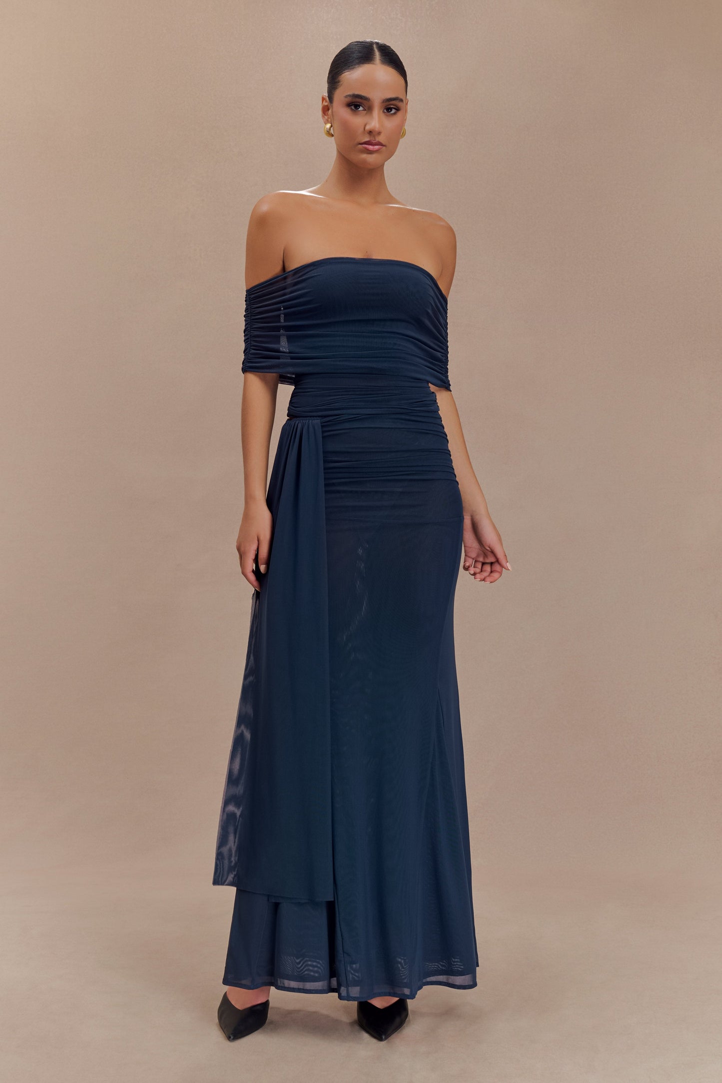ROF Arna Düşük Omuzlu File Crop Top - Gece Mavisi