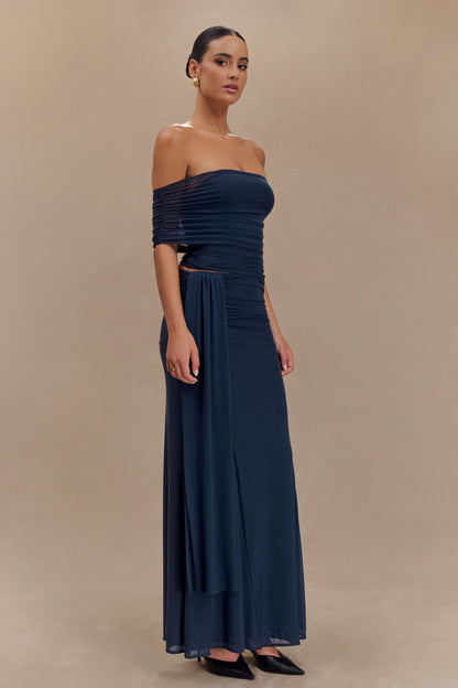 ROF Arna Düşük Omuzlu File Crop Top - Gece Mavisi