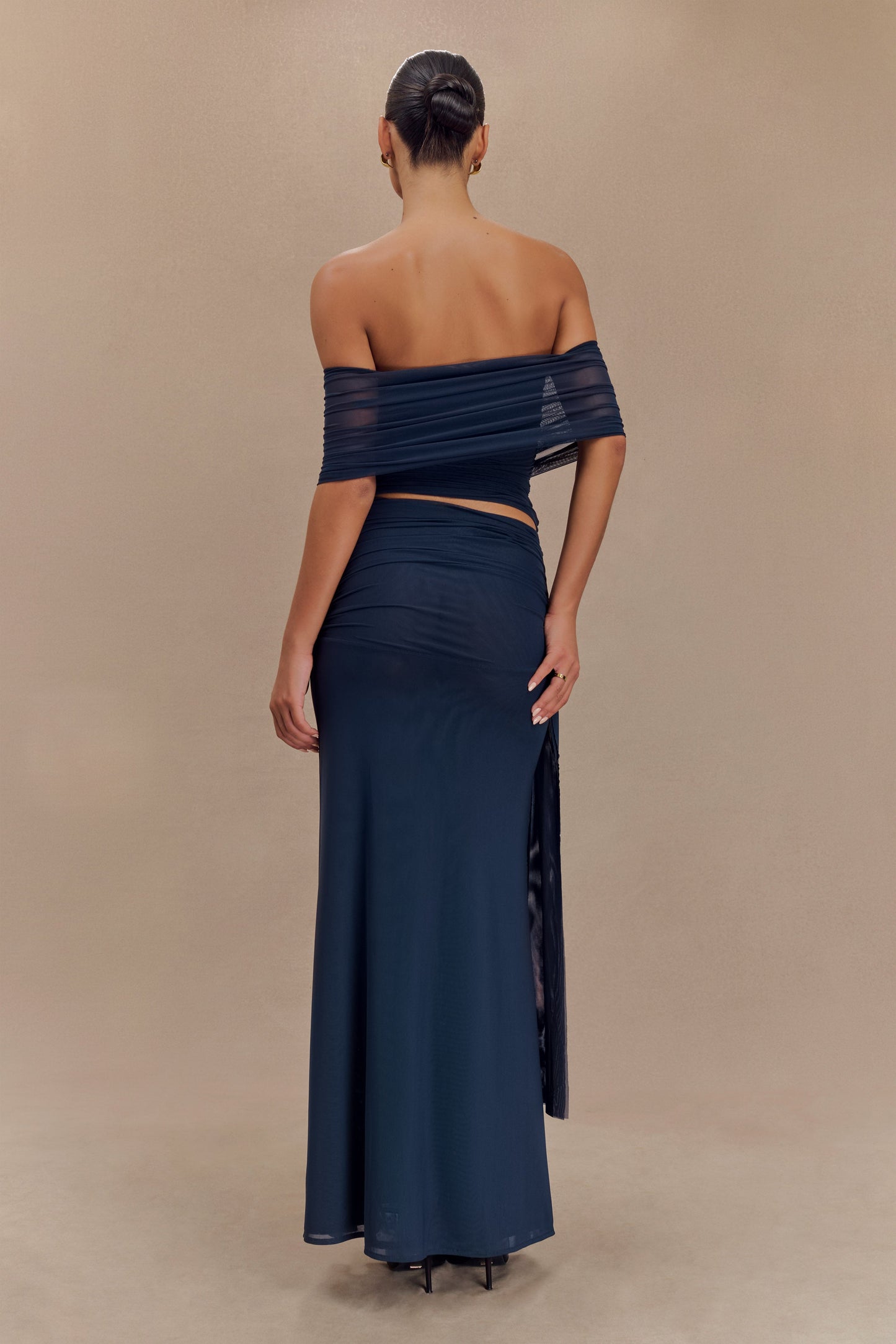 ROF Arna Düşük Omuzlu File Crop Top - Gece Mavisi