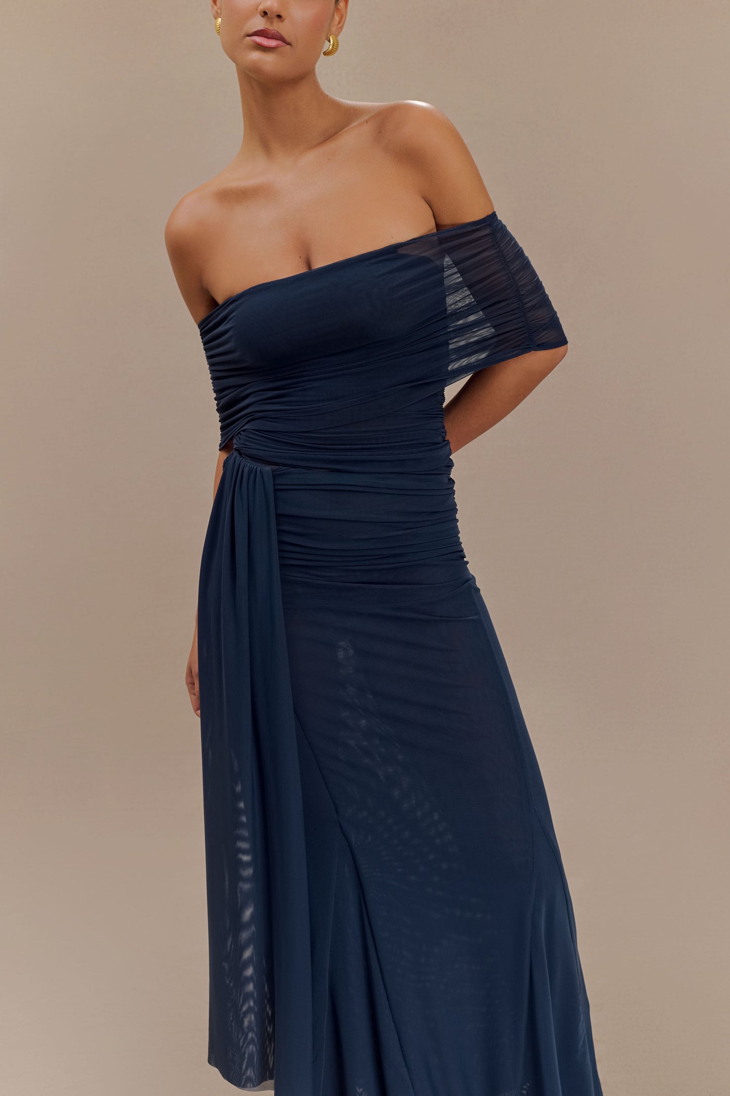 ROF Arna Düşük Omuzlu File Crop Top - Gece Mavisi