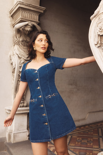 ROF Monica Sweetheart Denim Mini Elbise - Koyu Mavi