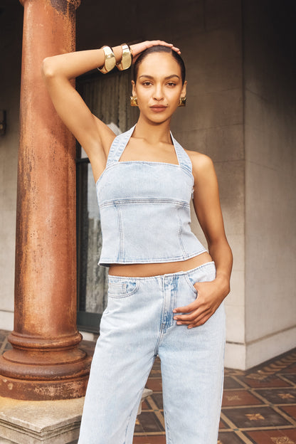 ROF Dayna Denim Boyundan Bağlamalı Üst - Açık Mavi
