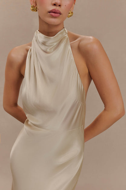 ROF Esther Yanardöner Saten Cowl Maxi Elbise - Altın