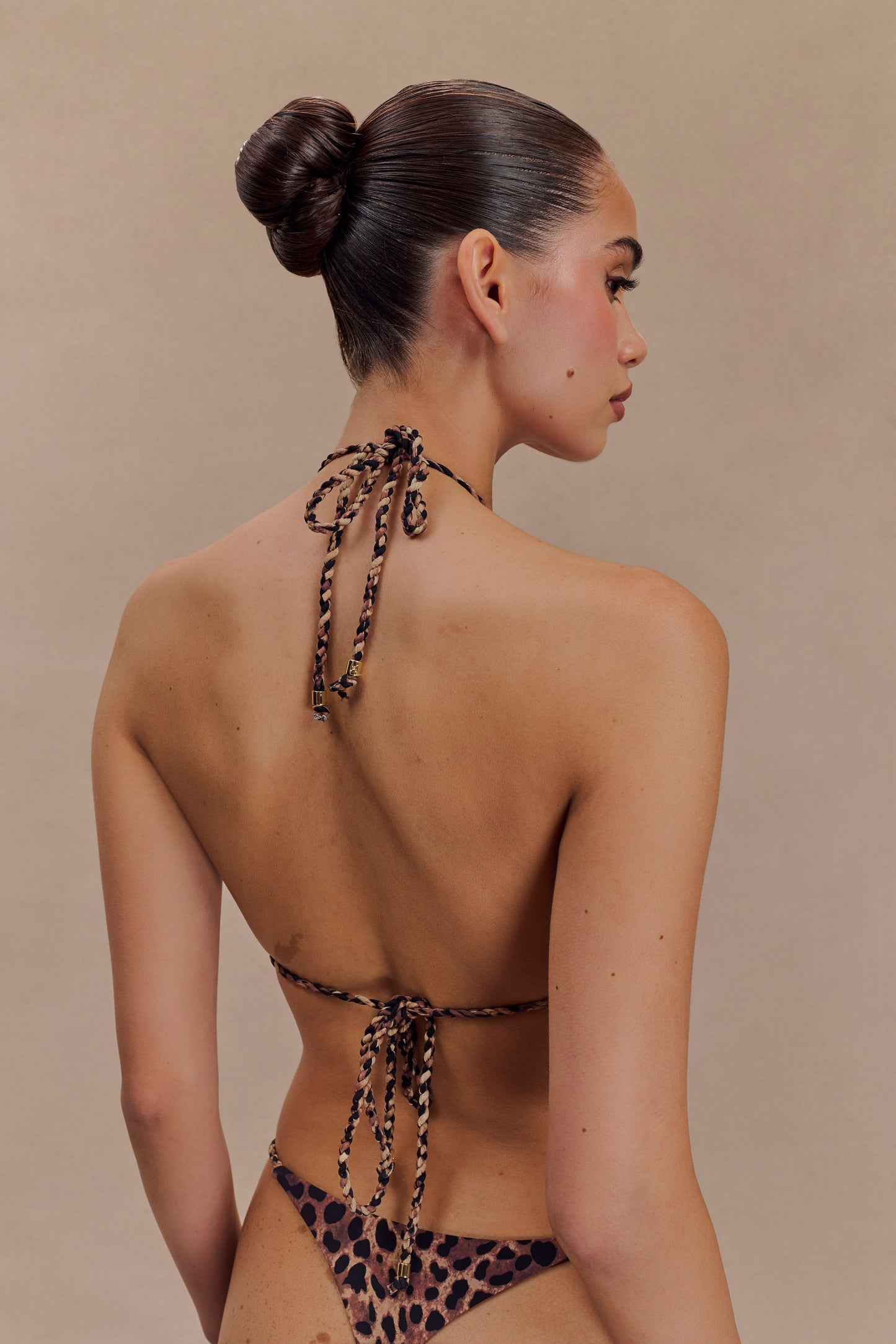 ROF Sachi Örgü Bağcıklı Üçgen Bikini Üstü - Leopar Desenli