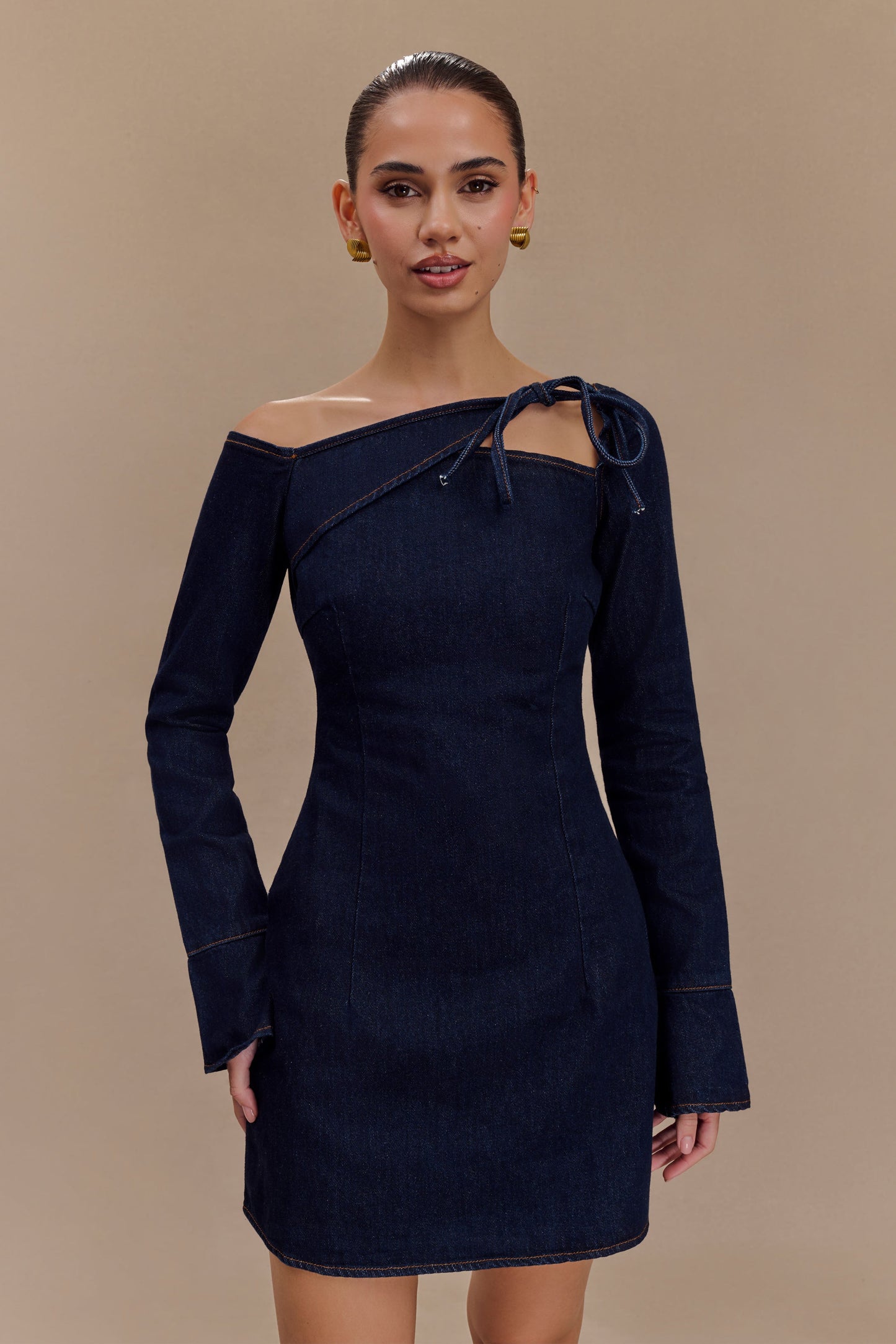 ROF Cece Bağcıklı Denim Mini Elbise - İndigo Mavi