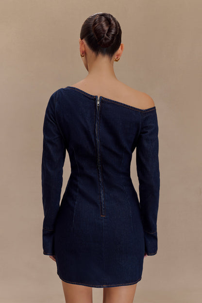 ROF Cece Bağcıklı Denim Mini Elbise - İndigo Mavi