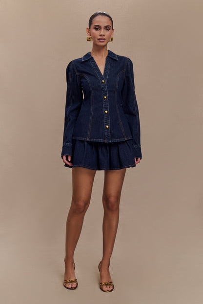 ROF Candice Pileli Denim Mini Etek - İndigo Mavi