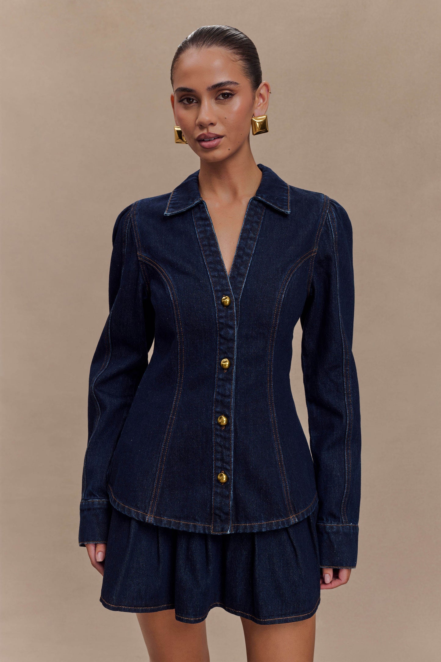 ROF Hilary Uzun Kollu Denim Üst - İndigo Mavi