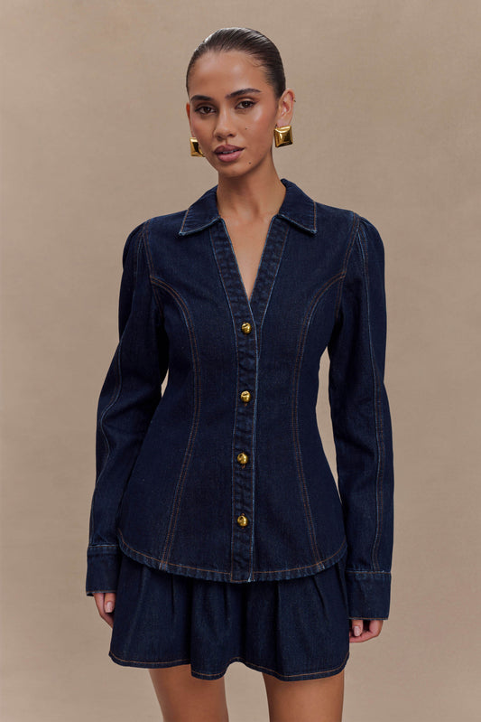ROF Hilary Uzun Kollu Denim Üst - İndigo Mavi