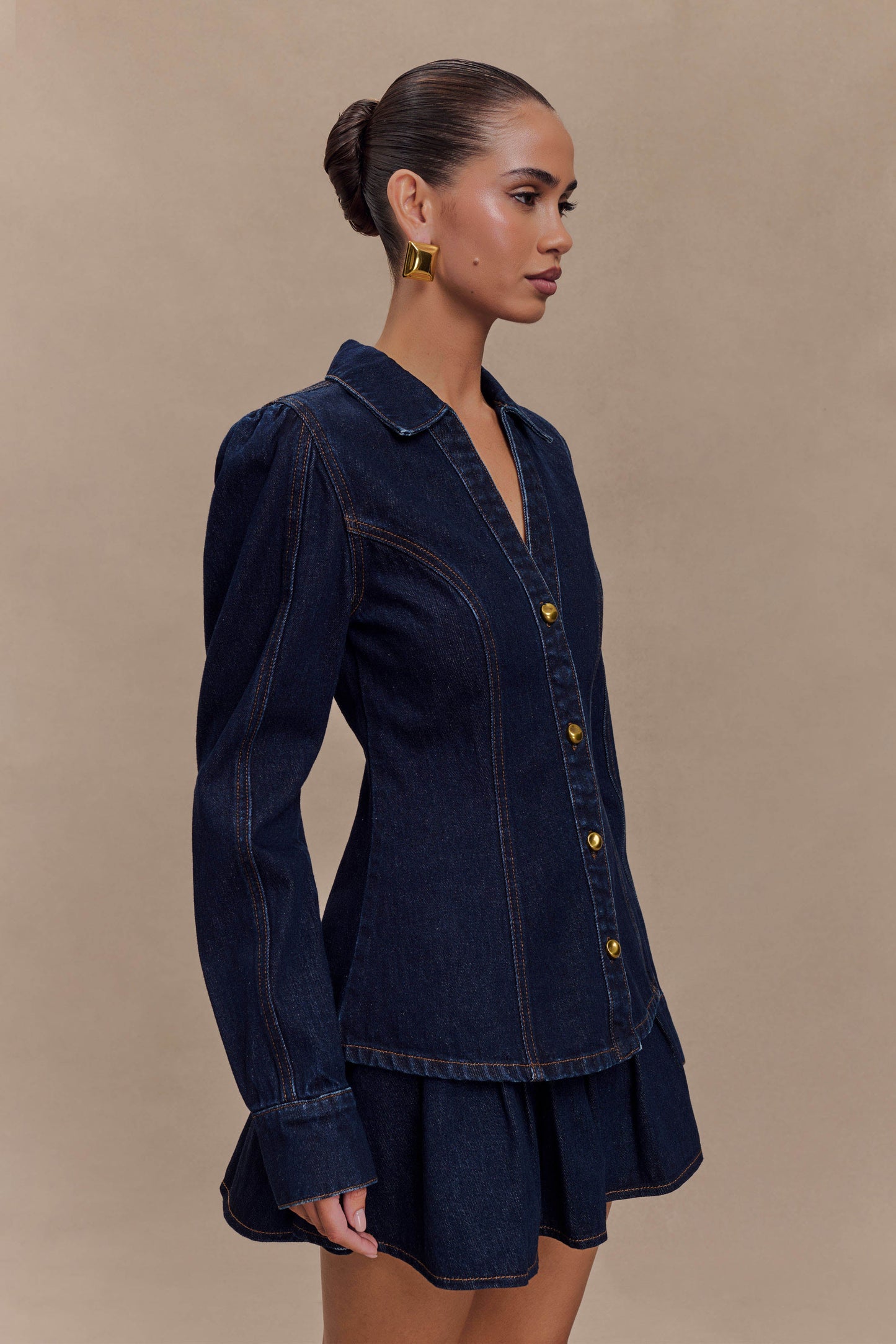 ROF Hilary Uzun Kollu Denim Üst - İndigo Mavi