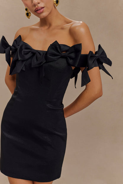 ROF Rose Straplez Fiyonklu Mini Elbise - Siyah