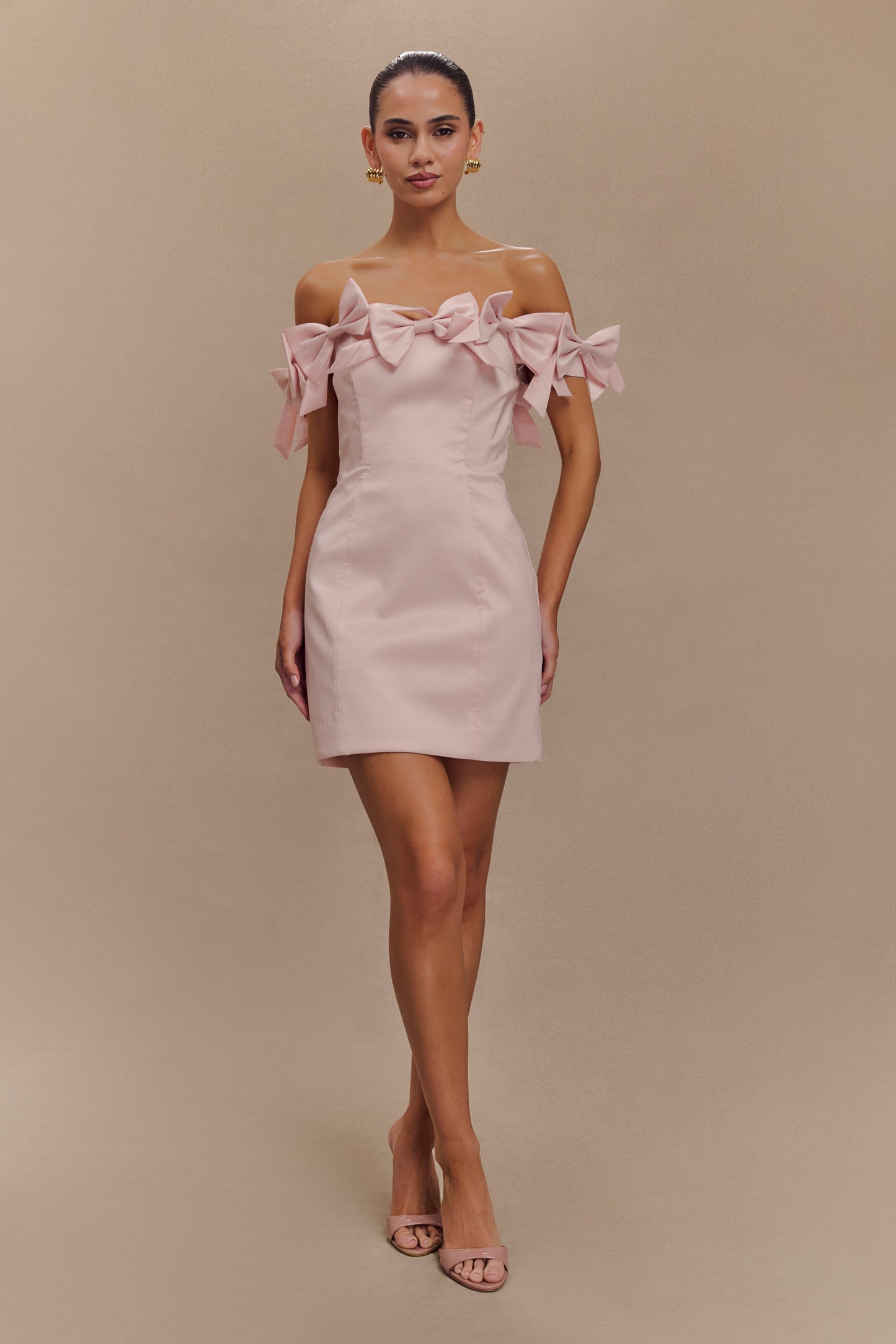 ROF Rose Straplez Fiyonklu Mini Elbise - Pudra