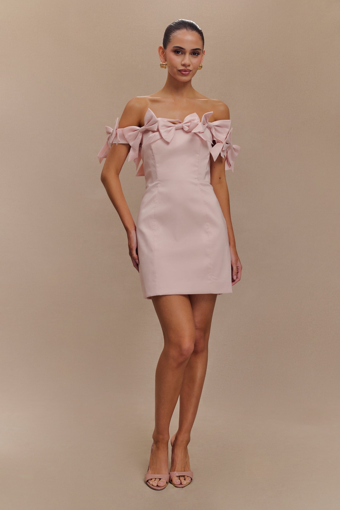 ROF Rose Straplez Fiyonklu Mini Elbise - Pudra