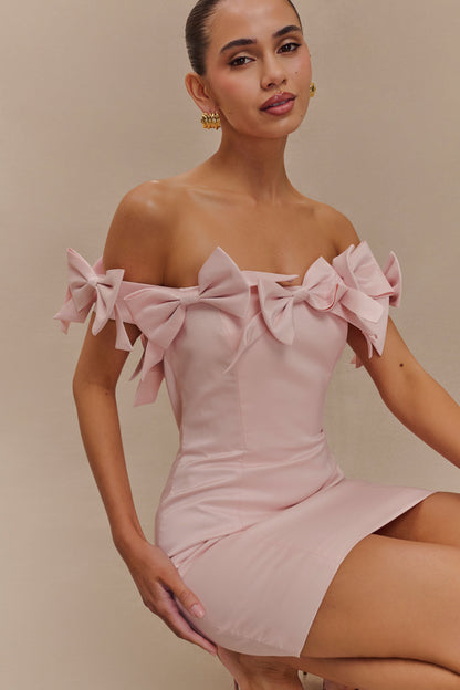 ROF Rose Straplez Fiyonklu Mini Elbise - Pudra