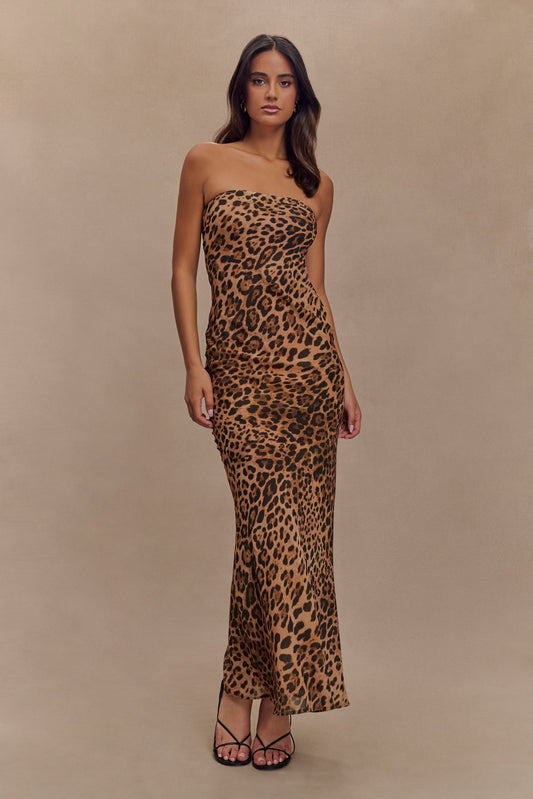 ROF Breanna Straplez Şifon Maxi Elbise - Leopar Desenli