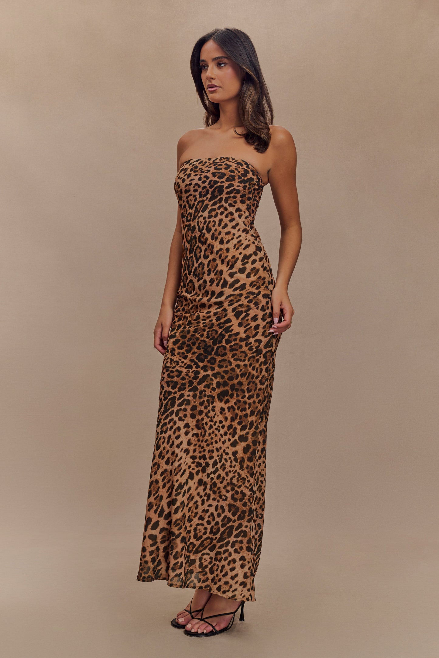 ROF Breanna Straplez Şifon Maxi Elbise - Leopar Desenli