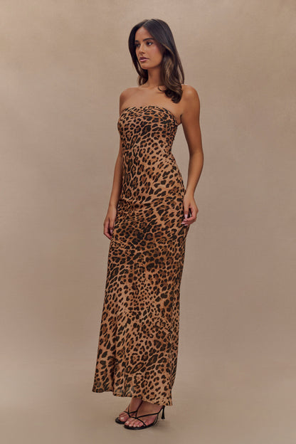 ROF Breanna Straplez Şifon Maxi Elbise - Leopar Desenli