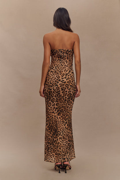 ROF Breanna Straplez Şifon Maxi Elbise - Leopar Desenli