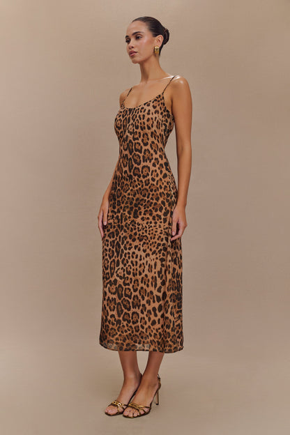 ROF Leanne Şifon Midi Elbise - Leopar Desenli