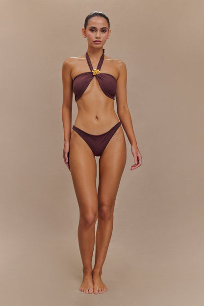 ROF Carissa Floral Donanımlı Boyundan Bağlamalı Bikini Üstü - Çikolata