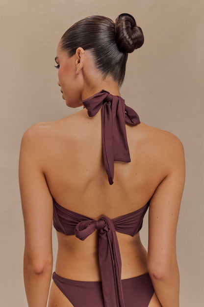 ROF Carissa Floral Donanımlı Boyundan Bağlamalı Bikini Üstü - Çikolata
