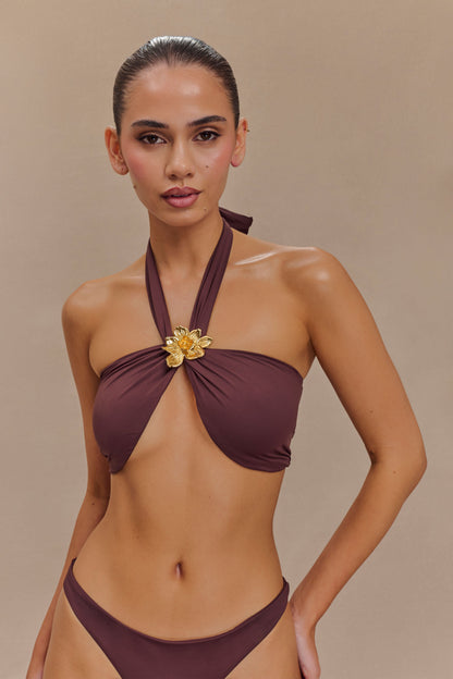 ROF Carissa Floral Donanımlı Boyundan Bağlamalı Bikini Üstü - Çikolata