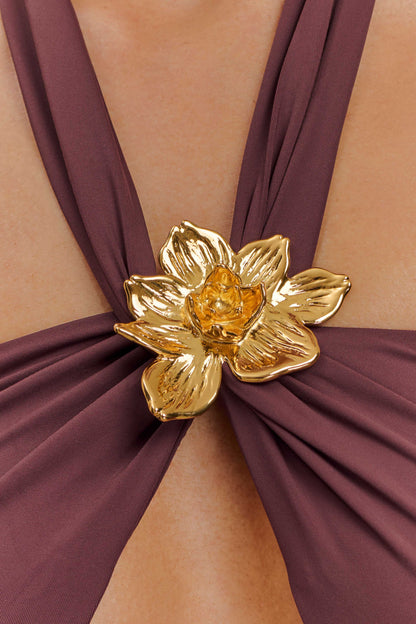 ROF Carissa Floral Donanımlı Boyundan Bağlamalı Bikini Üstü - Çikolata