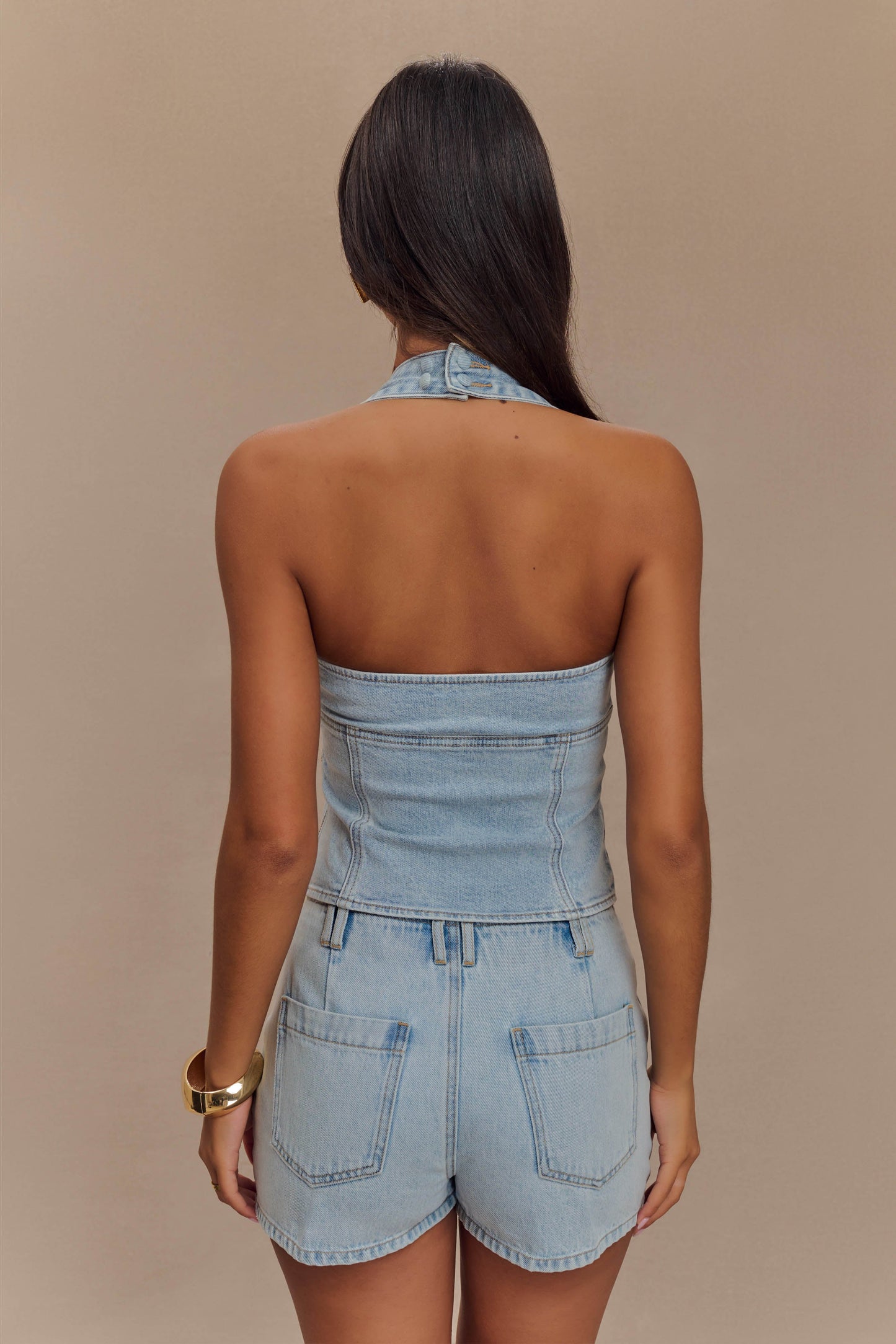ROF Dayna Denim Boyundan Bağlamalı Üst - Açık Mavi