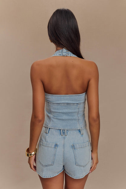 ROF Dayna Denim Boyundan Bağlamalı Üst - Açık Mavi