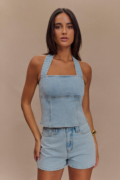 ROF Dayna Denim Boyundan Bağlamalı Üst - Açık Mavi
