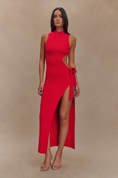 ROF Stephanie Cut Out Örgü Uzun Elbise - Kırmızı