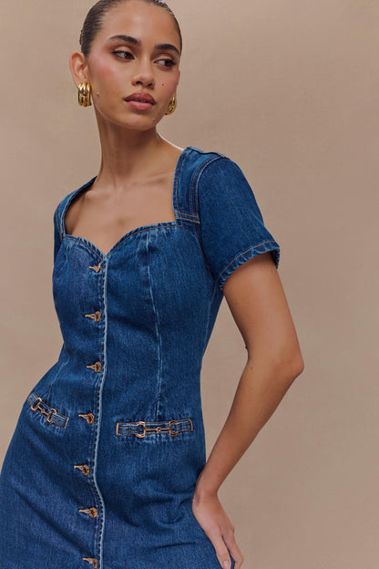 ROF Monica Sweetheart Denim Mini Elbise - Koyu Mavi