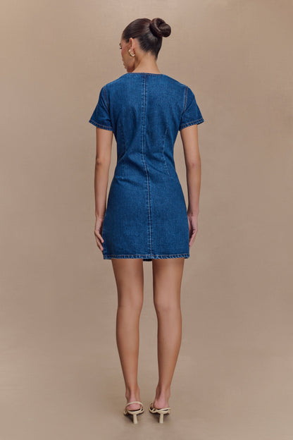 ROF Monica Sweetheart Denim Mini Elbise - Koyu Mavi