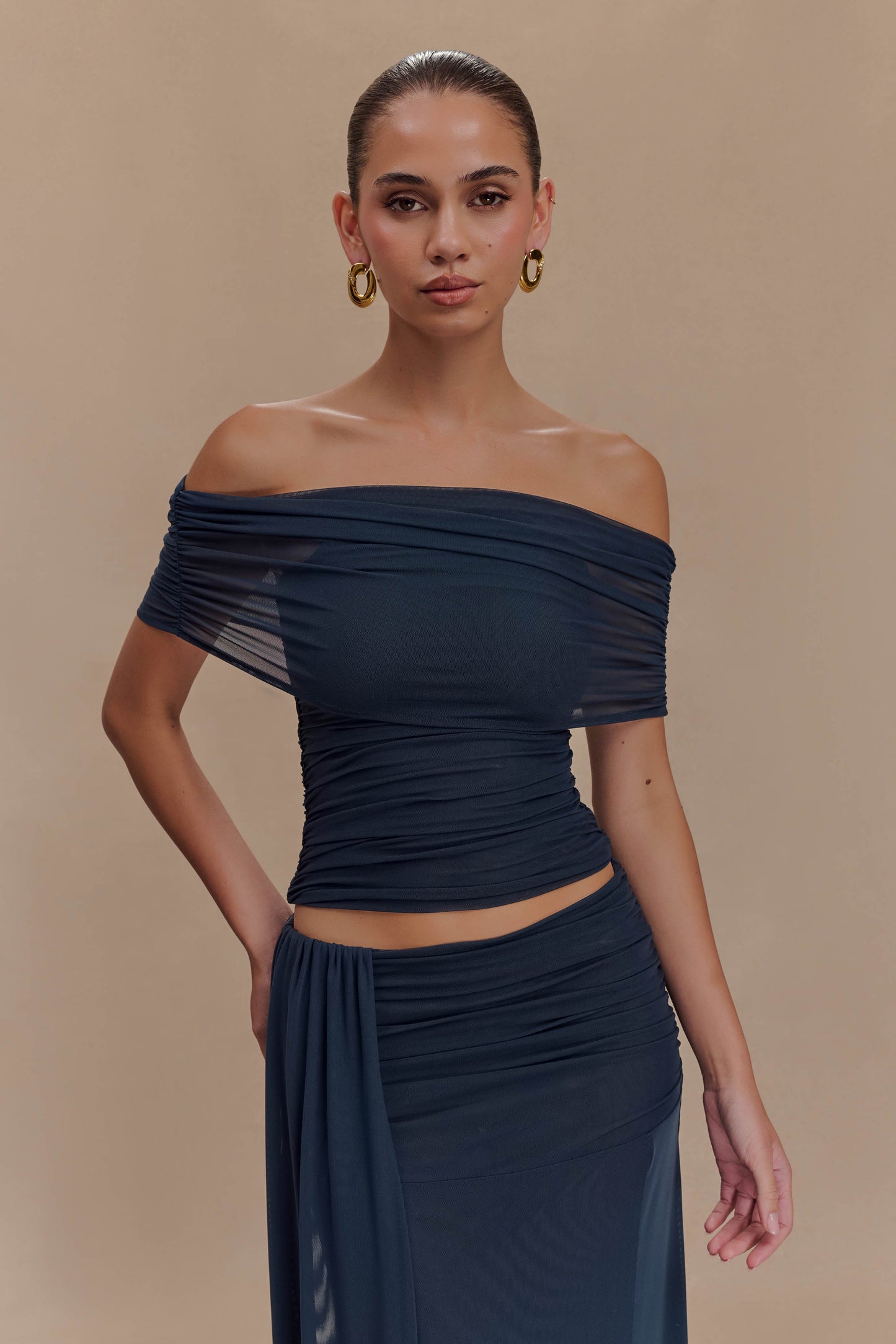 ROF Arna Düşük Omuzlu File Crop Top - Gece Mavisi