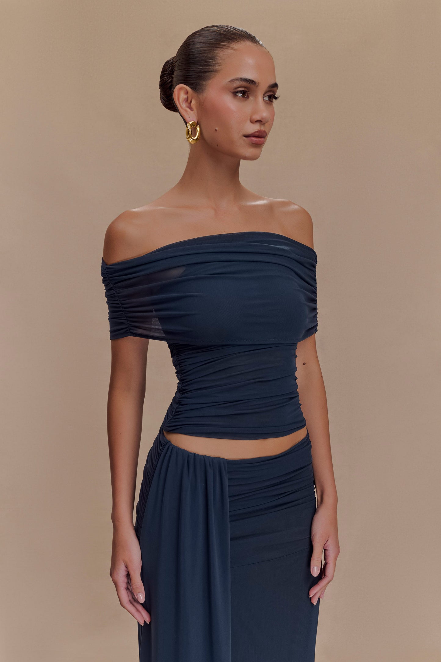 ROF Arna Düşük Omuzlu File Crop Top - Gece Mavisi