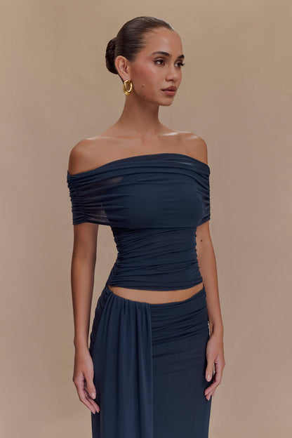 ROF Arna Düşük Omuzlu File Crop Top - Gece Mavisi