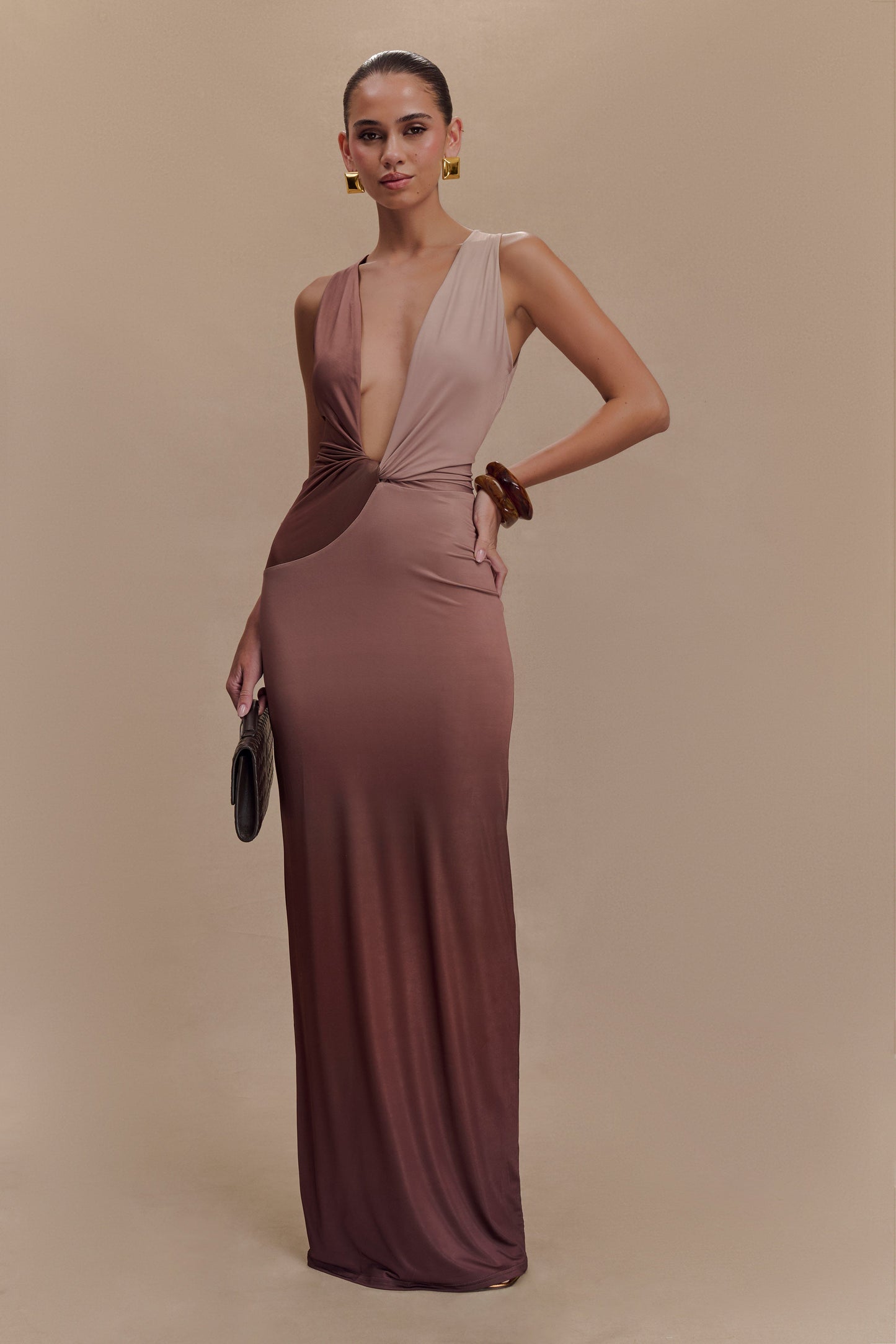 ROF Stella Drapeli Dar Maxi Elbise - Mocha Ombre