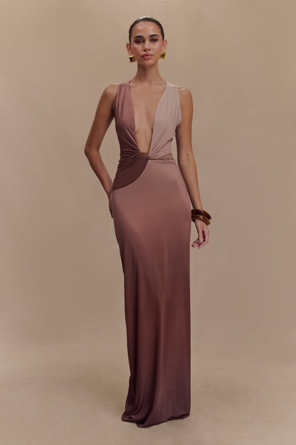 ROF Stella Drapeli Dar Maxi Elbise - Mocha Ombre