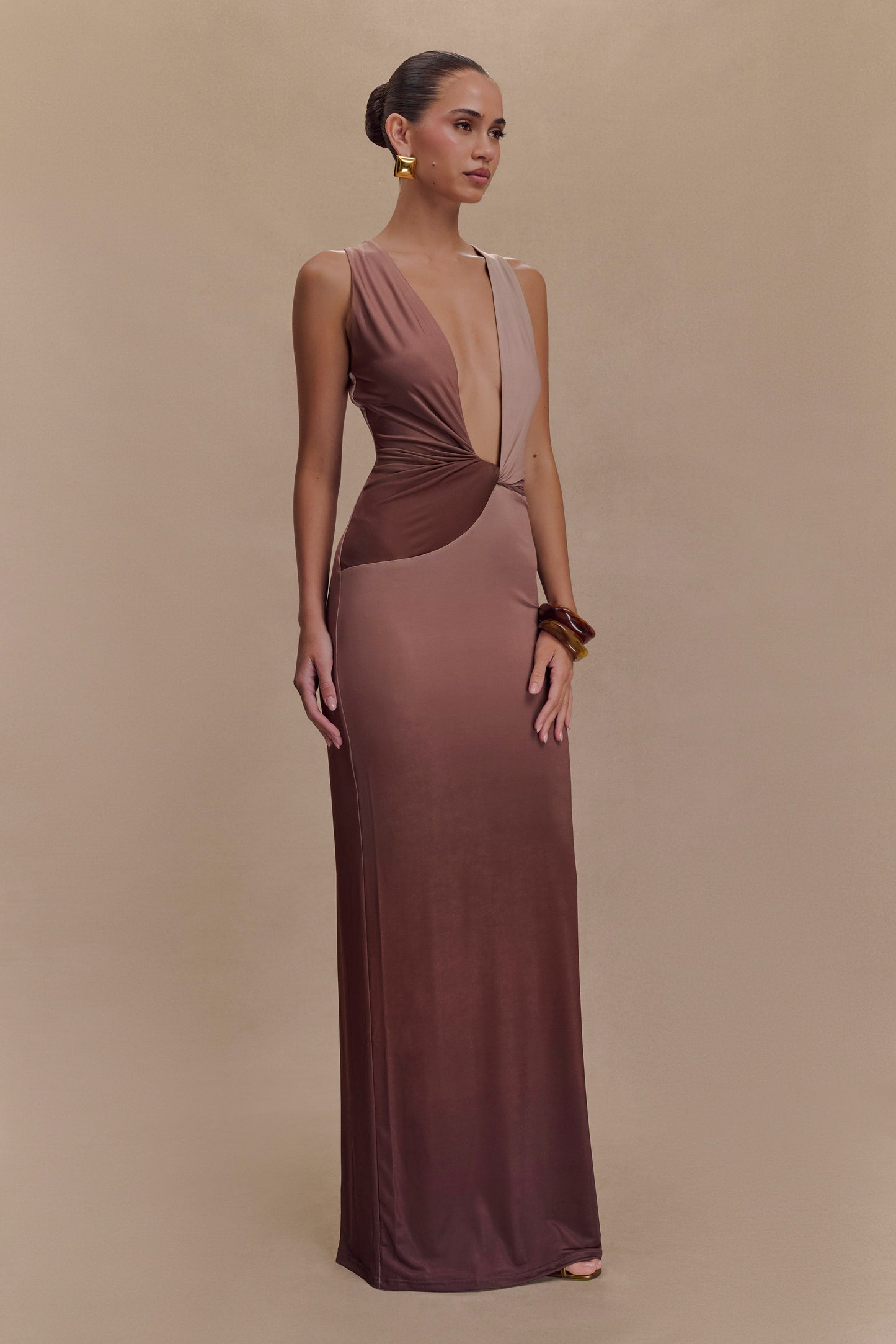 ROF Stella Drapeli Dar Maxi Elbise - Mocha Ombre