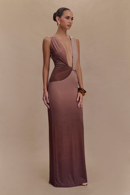 ROF Stella Drapeli Dar Maxi Elbise - Mocha Ombre
