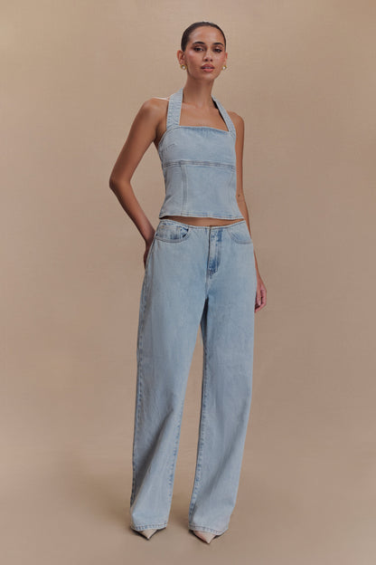 ROF Dayna Denim Boyundan Bağlamalı Üst - Açık Mavi