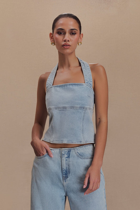 ROF Dayna Denim Boyundan Bağlamalı Üst - Açık Mavi