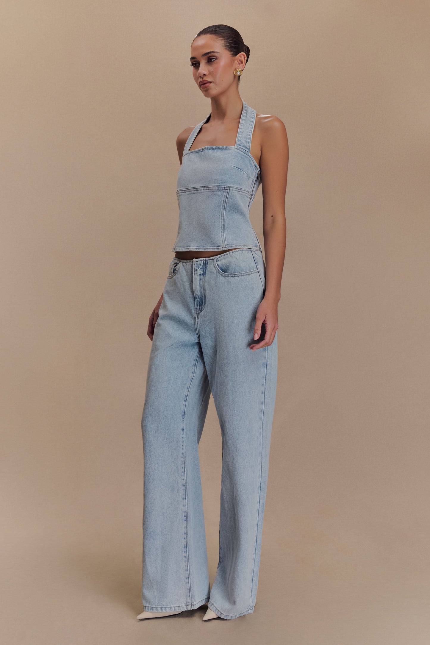 ROF Dayna Denim Boyundan Bağlamalı Üst - Açık Mavi