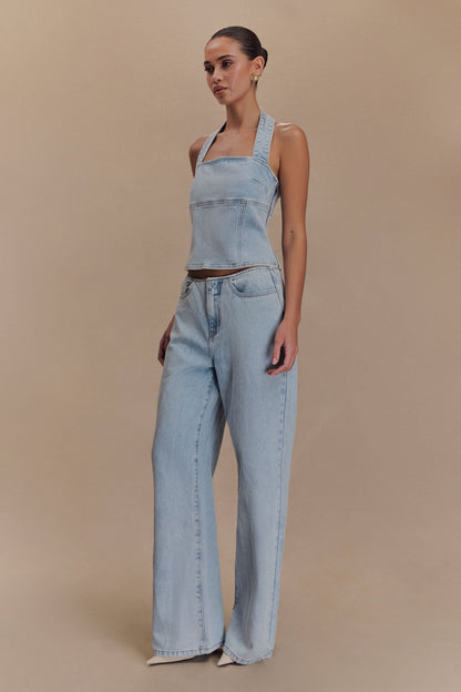 ROF Dayna Denim Boyundan Bağlamalı Üst - Açık Mavi