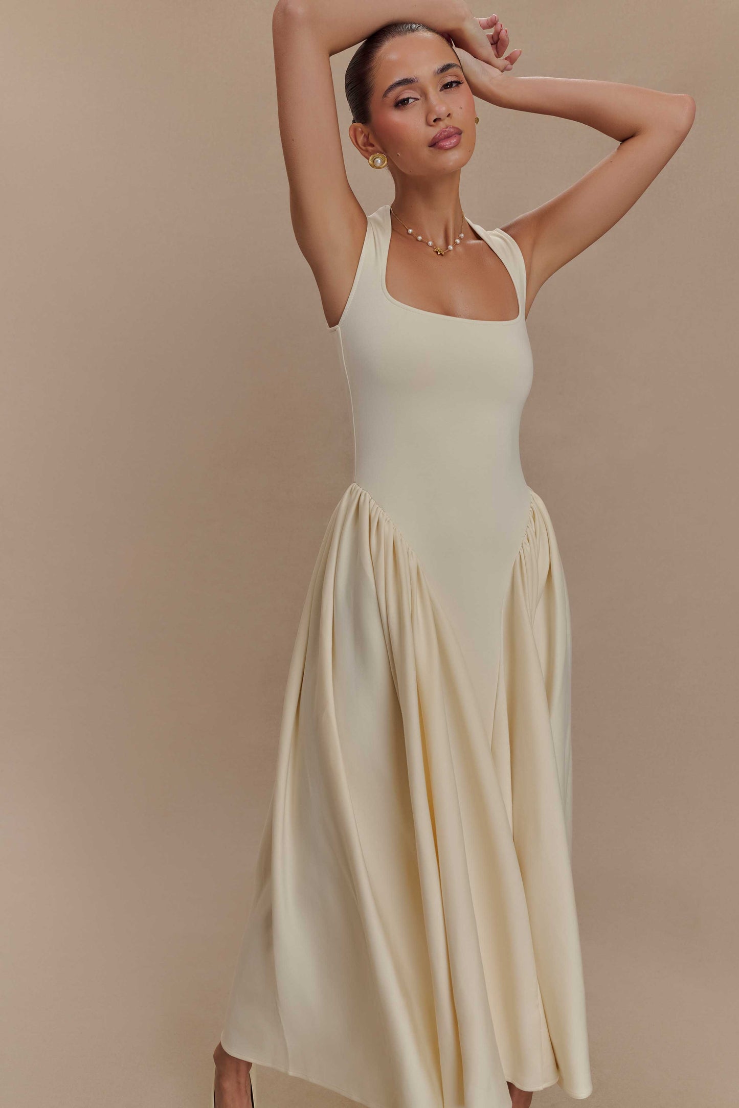 ROF Sharon Scuba Jersey Midi Elbise - Fildişi