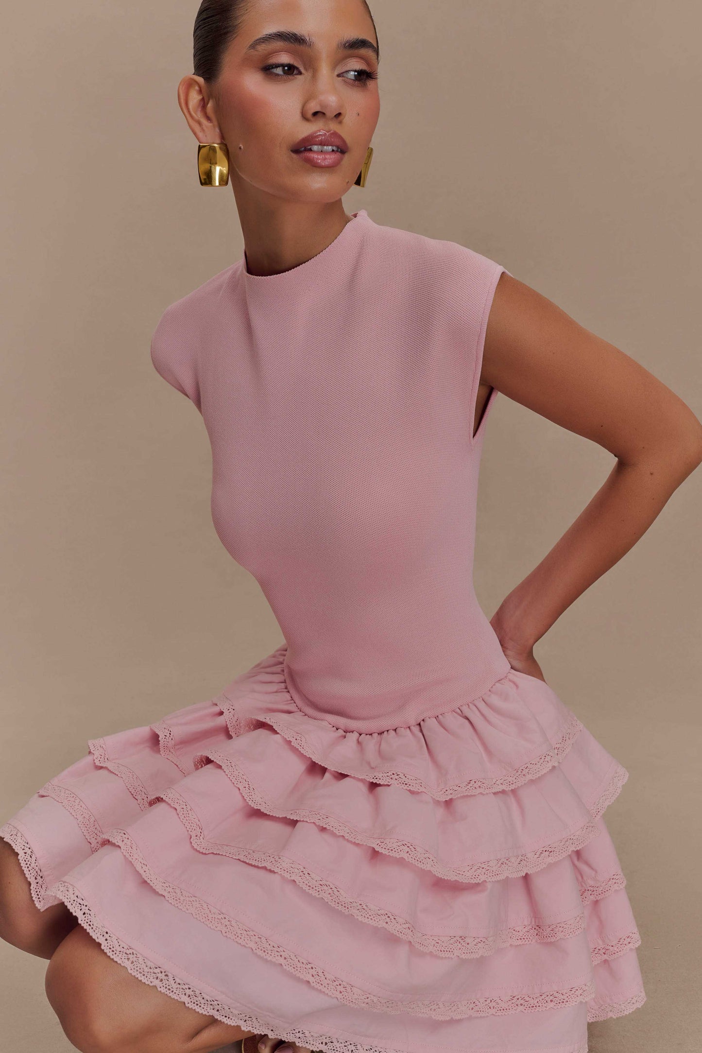 ROF Maeve Fırfırlı Örgü Mini Elbise - Toz Pembe